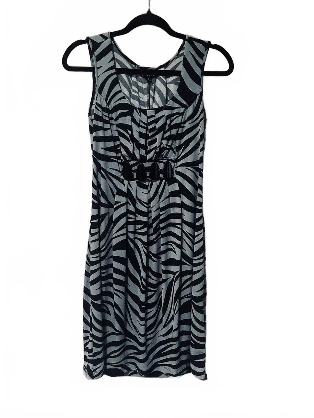 Y2K Enfocus Studio Black and Gray Zebra-Print Belted Midi Dress